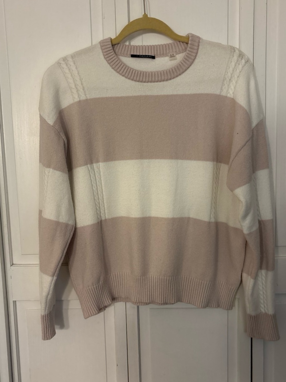 Tahari Blush and Cream Striped Crewneck Sweater
